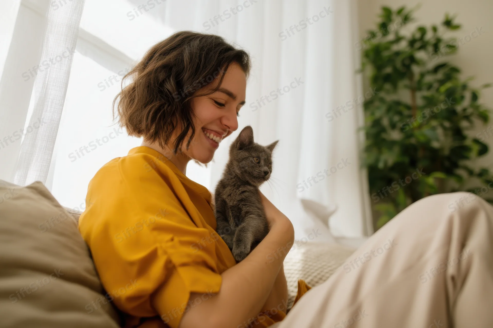 Woman smiling while holding a gray cat on a sofa in a sunlit living room