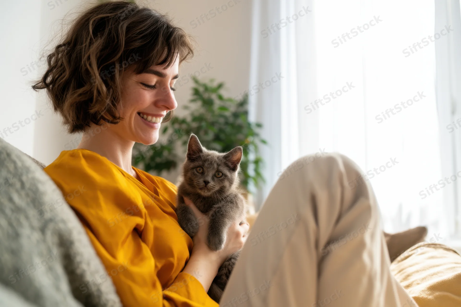 Woman smiling while holding a gray kitten on a couch indoors