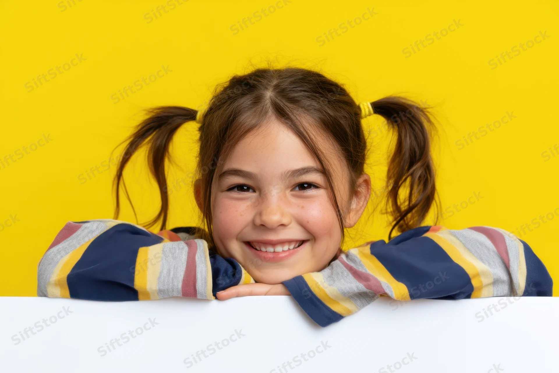 Young girl with pigtails peeking over white surface smiling against yellow background