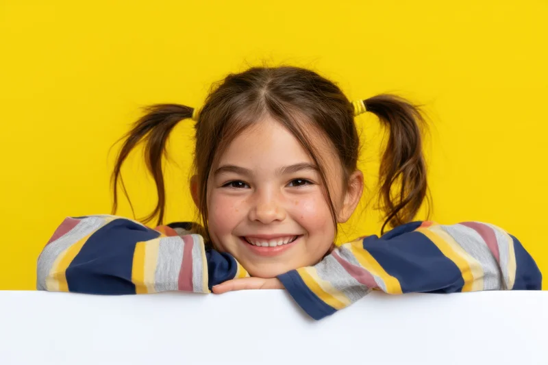 Young girl with pigtails peeking over white surface smiling against yellow background