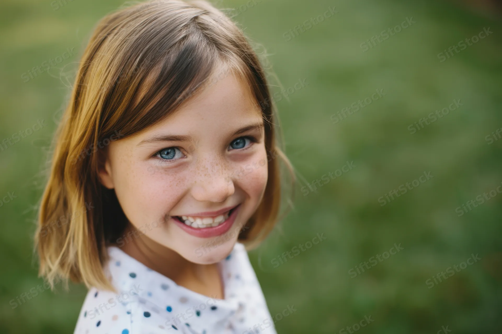 Smiling young girl with shoulder-length light brown hair in a grassy outdoor setting