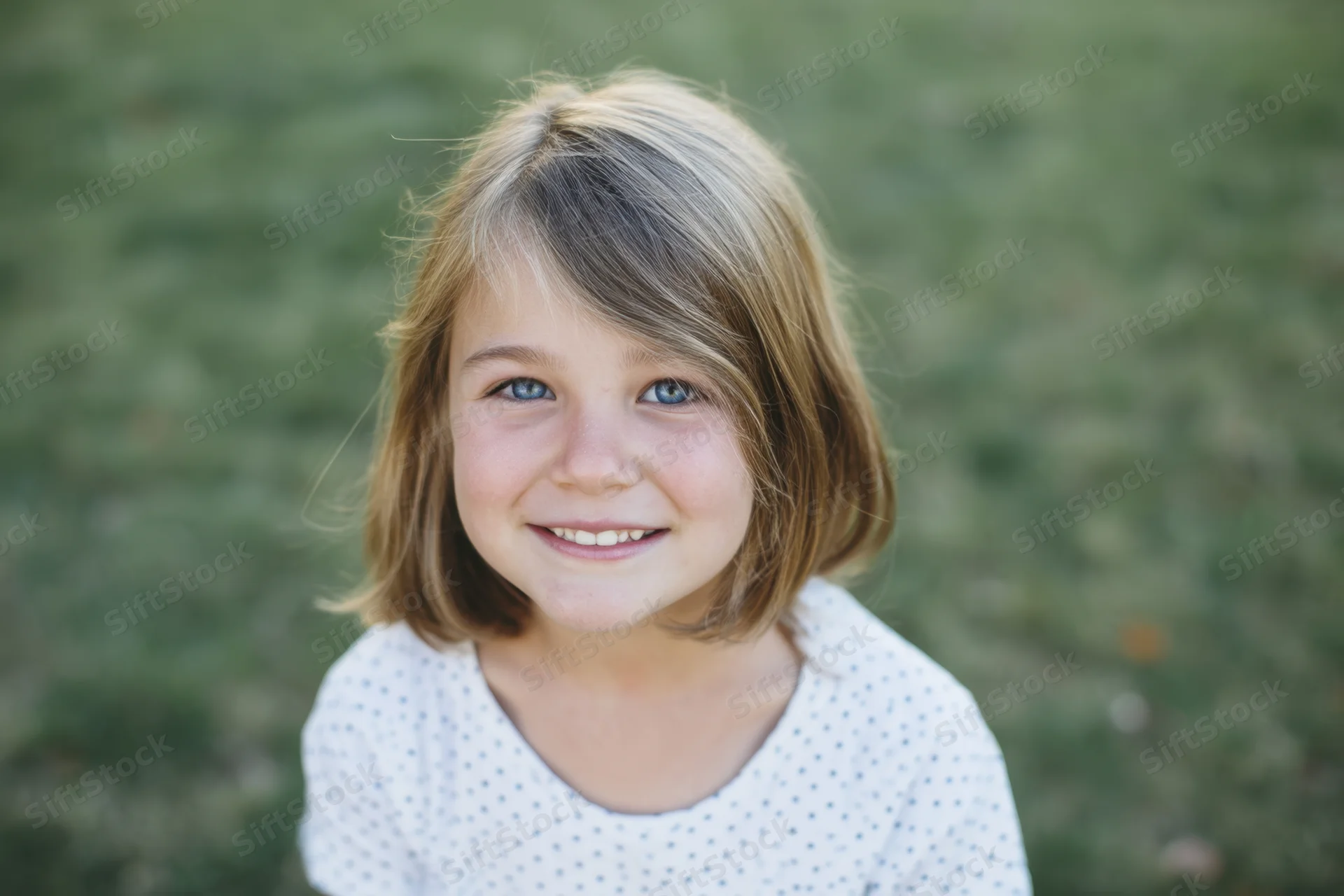 Smiling young girl with shoulder-length light brown hair in a grassy outdoor setting