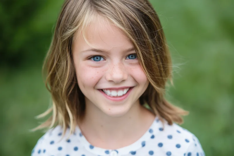 Smiling young girl with shoulder-length light brown hair outdoors in a green setting