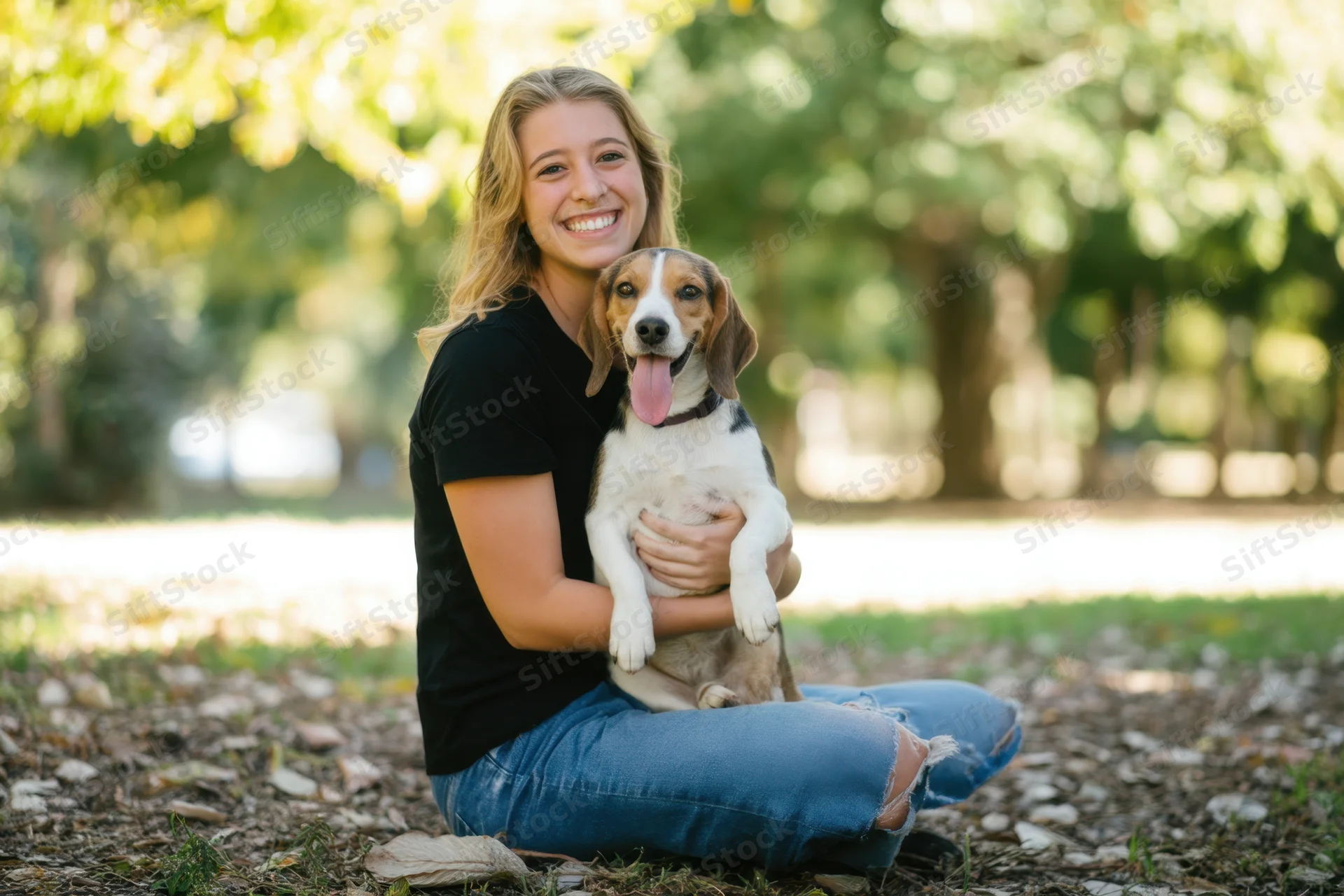 Young woman smiling while holding a beagle dog in a sunlit park setting