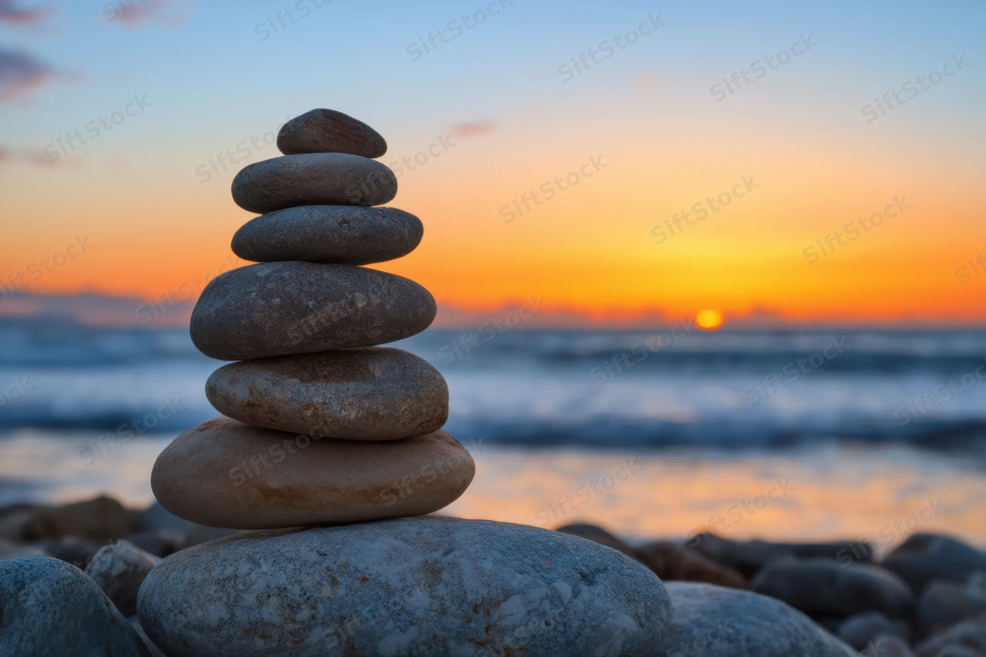 Stacked stones balanced on a beach at sunset with ocean waves in the background