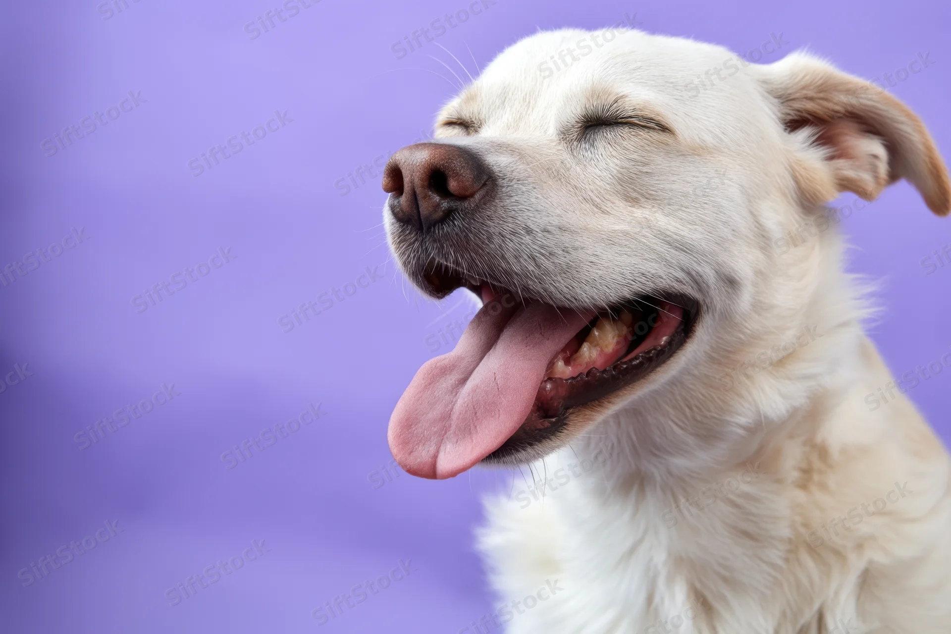 White dog yawning with tongue out and closed eyes against purple background