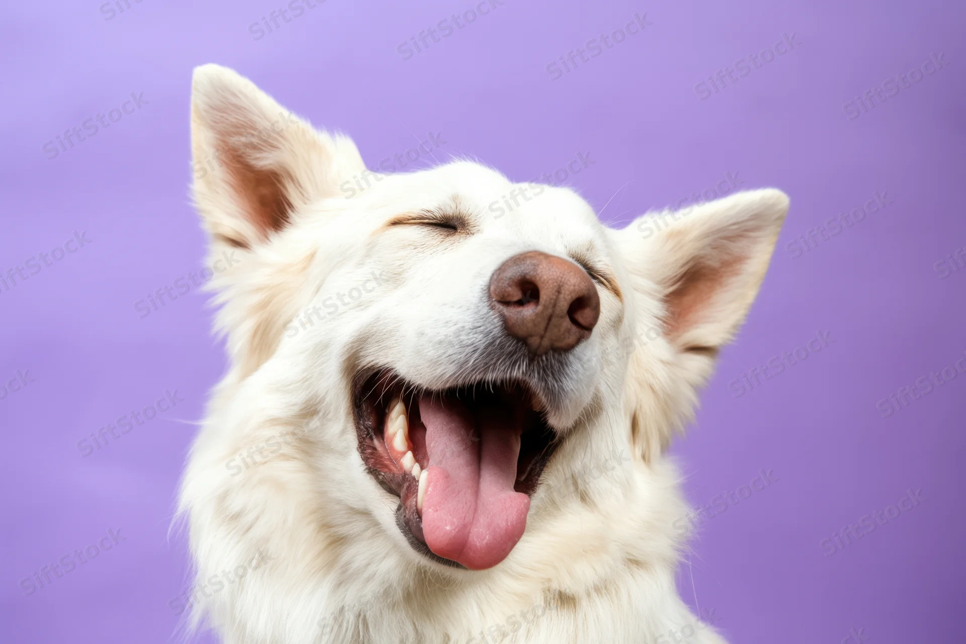 White dog with closed eyes and pink tongue smiling in studio portrait against purple background