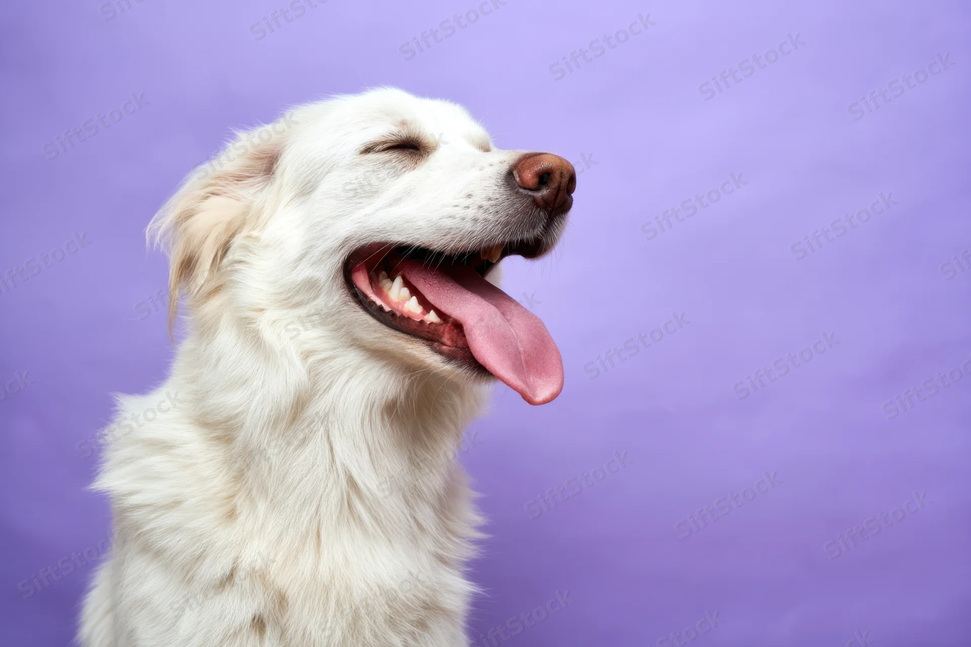 White dog with closed eyes and pink tongue smiling against purple background