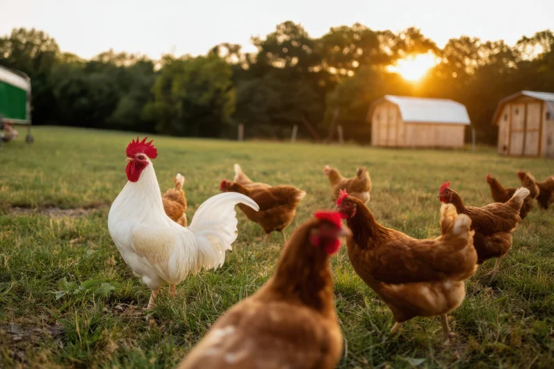 White rooster strutting among brown hens on a sunlit farm field at sunset