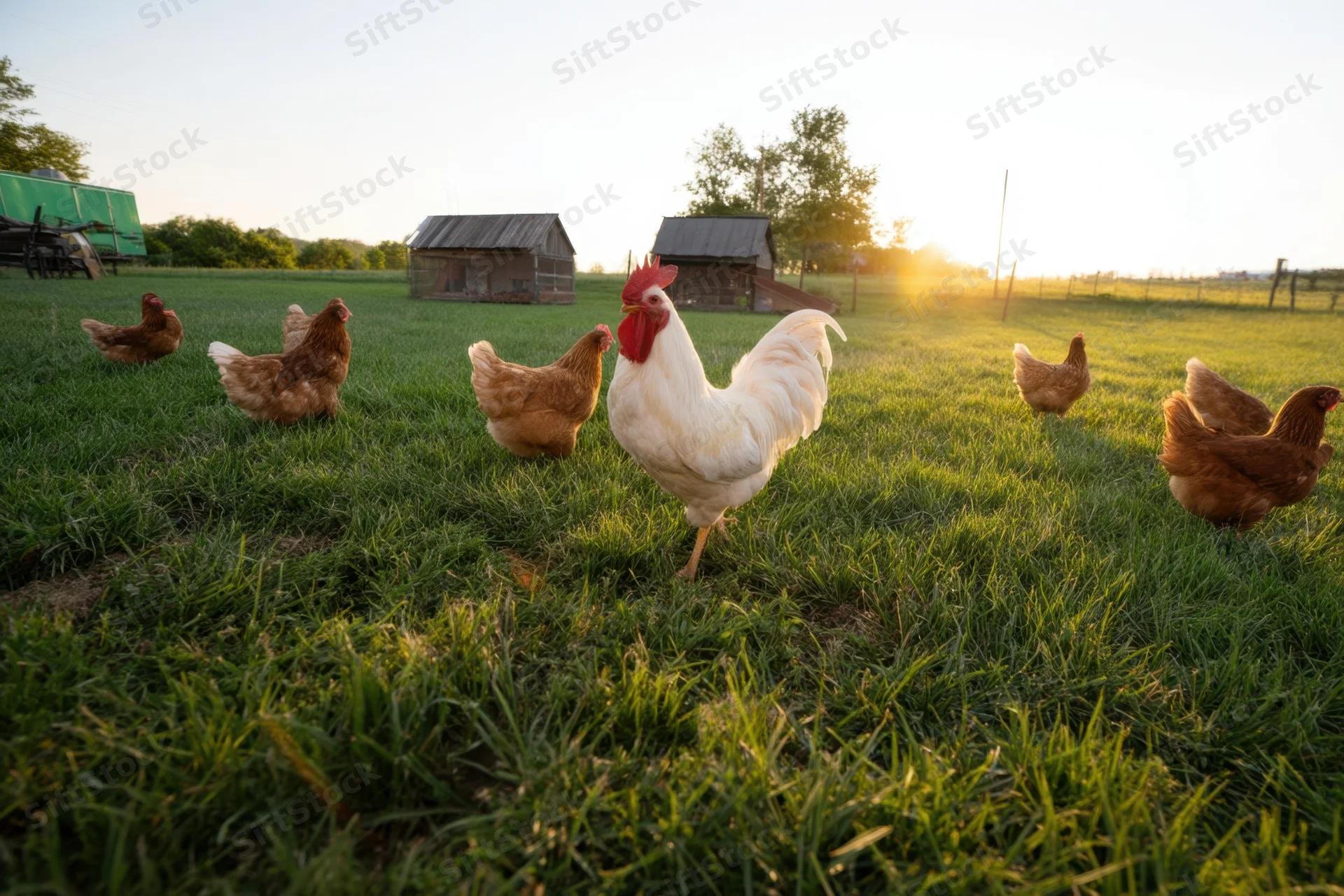 White rooster strutting among brown hens on a sunlit grassy farm field