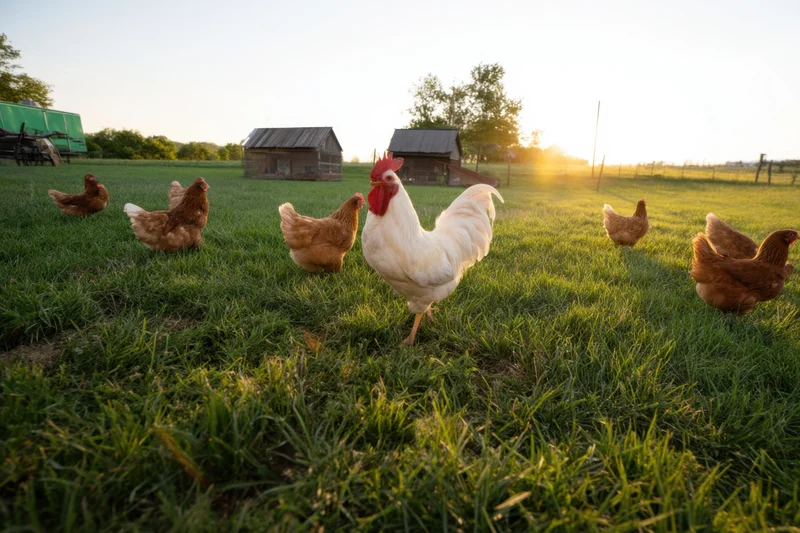 White rooster strutting among brown hens on a sunlit grassy farm field