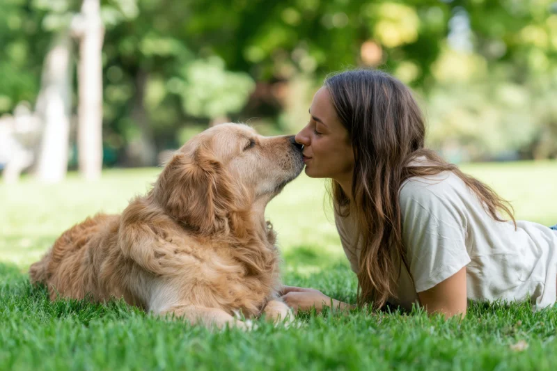 Woman kissing golden retriever on grass in park