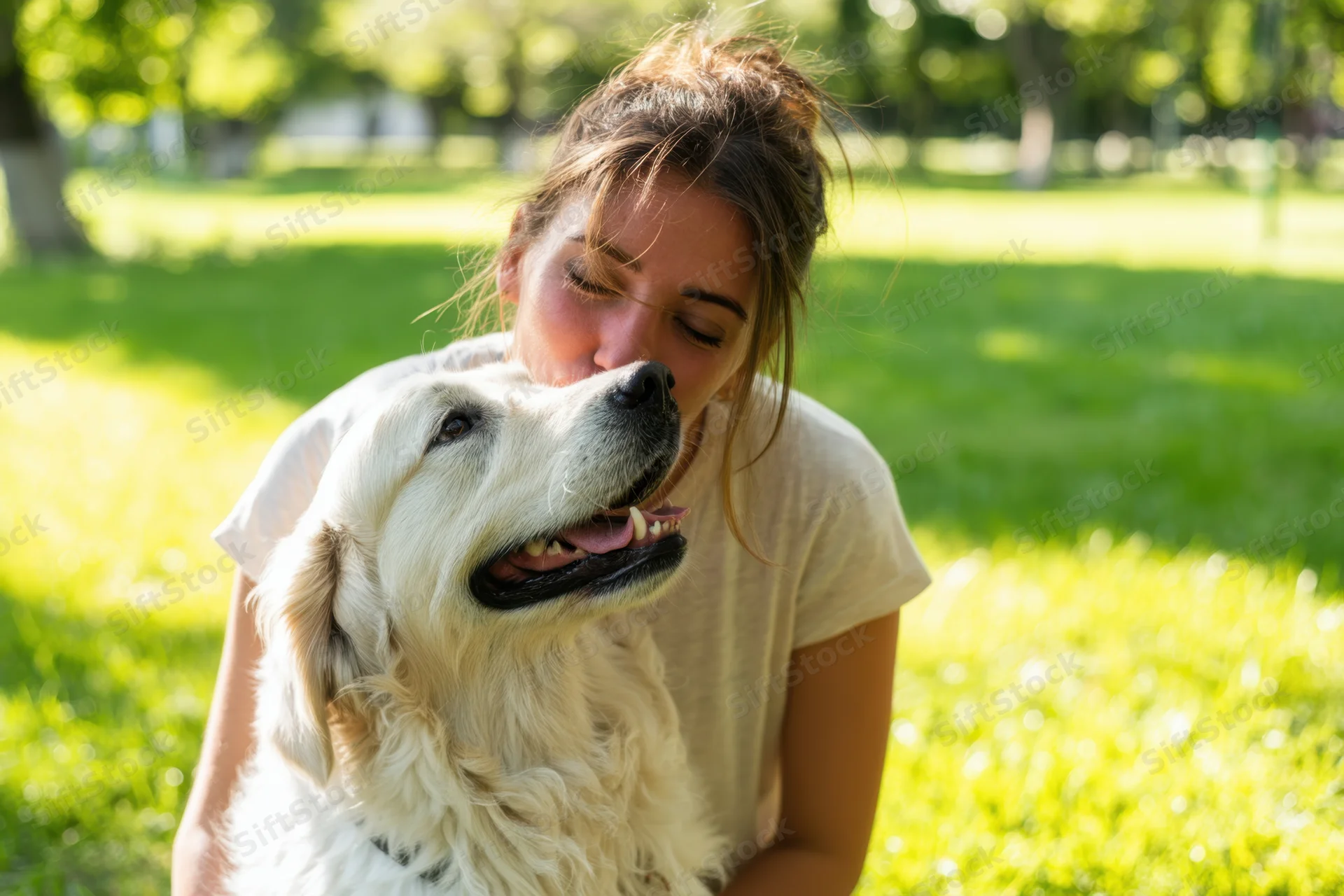Woman kissing golden retriever in a sunlit park