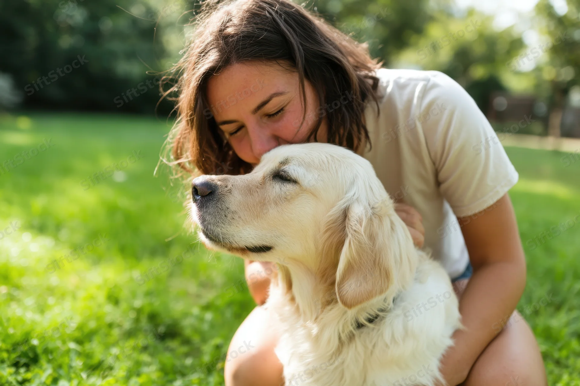 Woman kissing golden retriever on grass in park
