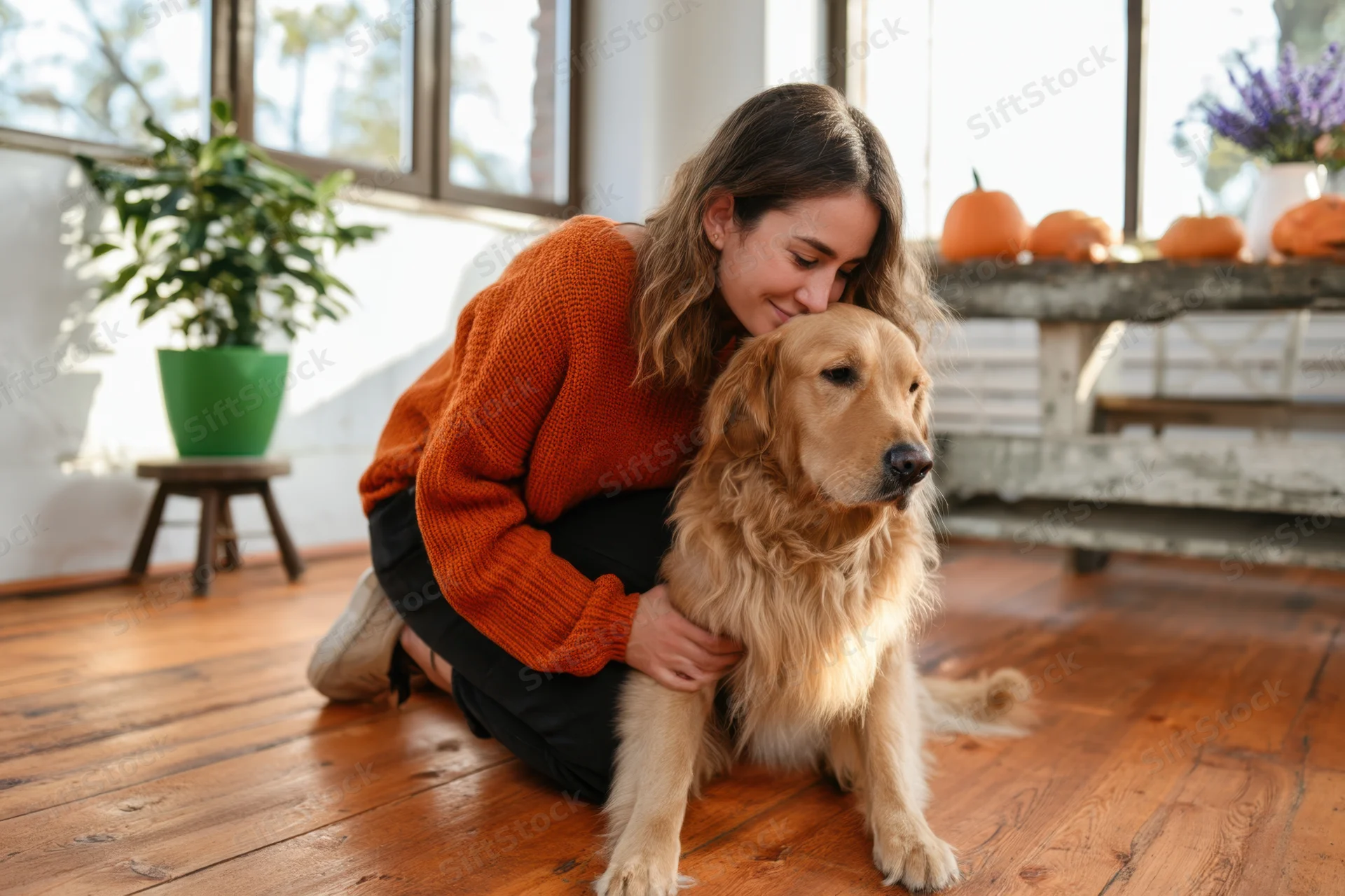 Woman kneeling on wooden floor hugging golden retriever dog indoors near window with pumpkins and plants