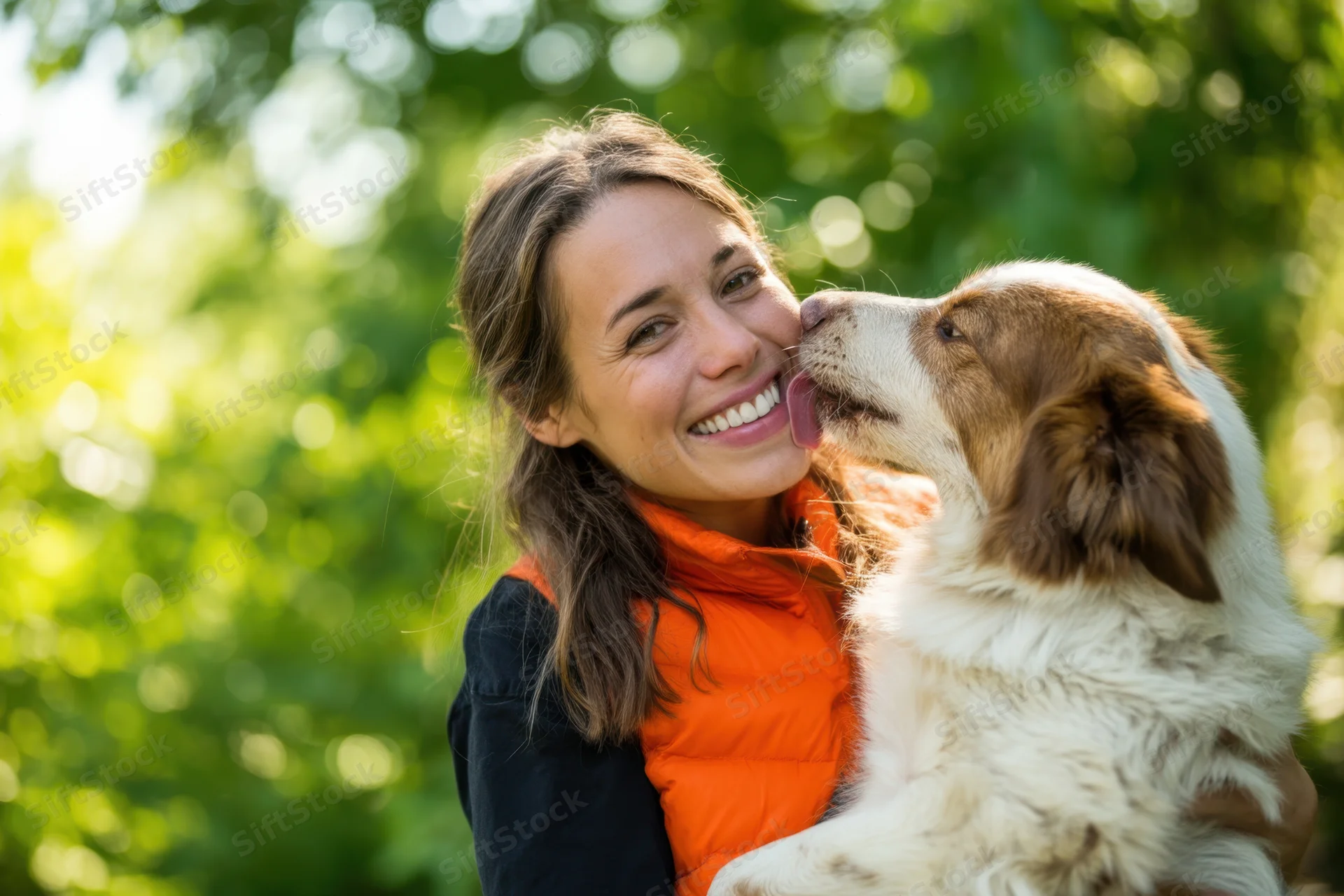 Woman smiling as dog licks her face in a sunlit park