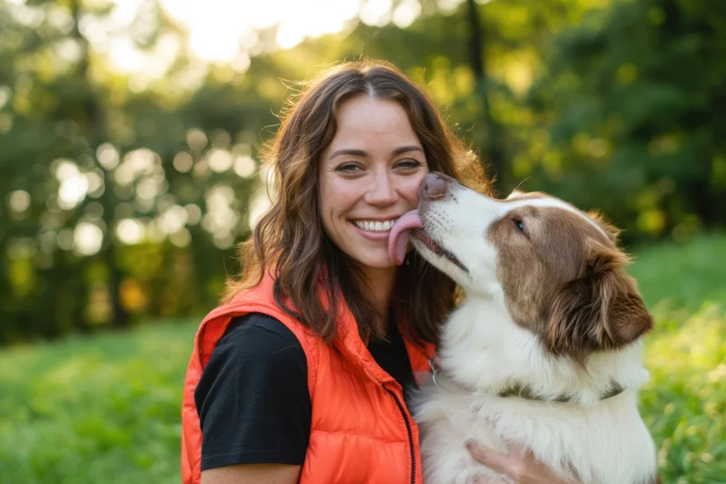 Woman smiling as dog licks her face in a sunlit park