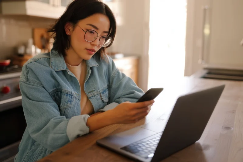Young asian woman with glasses using smartphone while laptop sits open on wooden kitchen table