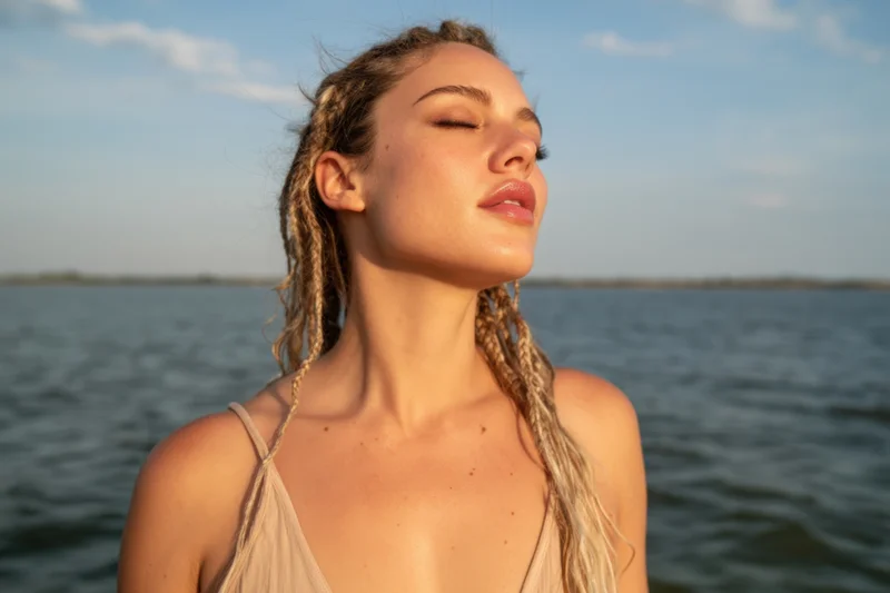 Woman with braided hair standing at ocean edge during sunset