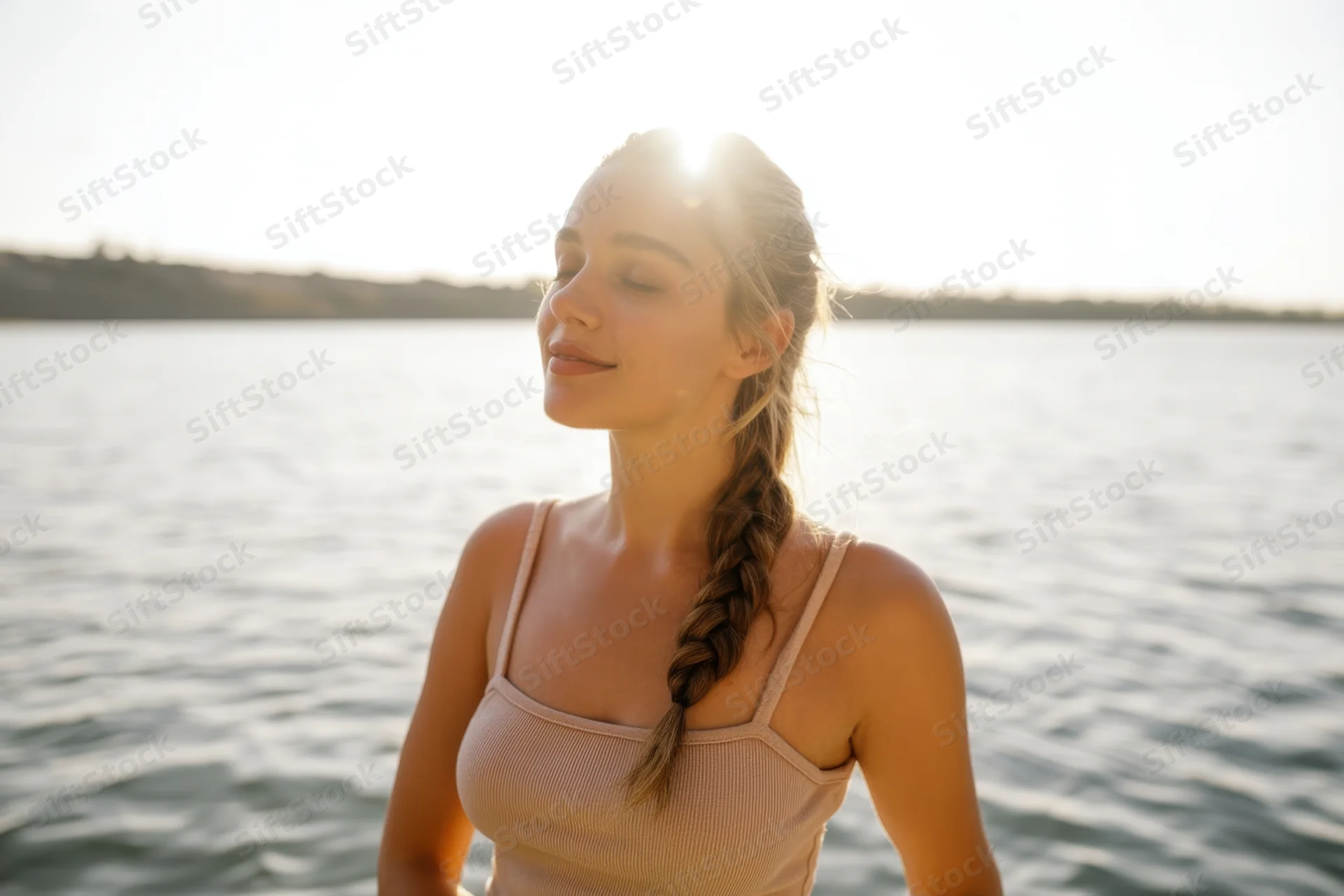 Woman with braided hair standing by lake at sunset, eyes closed, serene expression