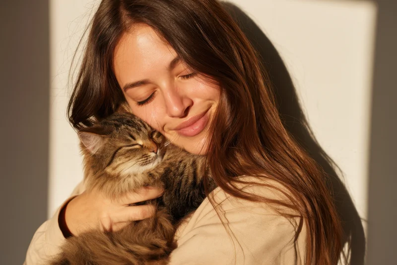 Woman hugging a tabby cat close to her face indoors