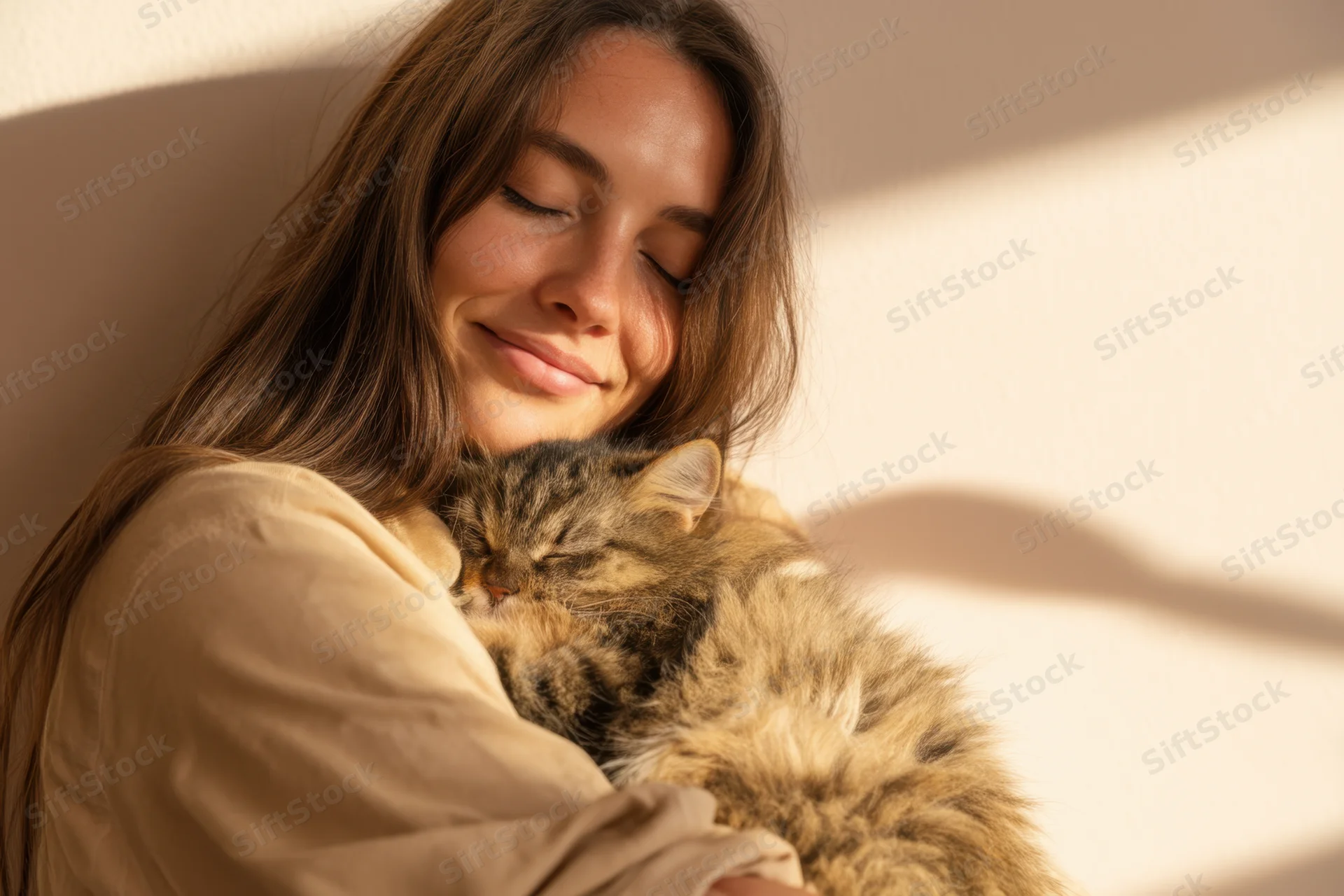 Woman embracing a tabby cat in a sunlit indoor setting