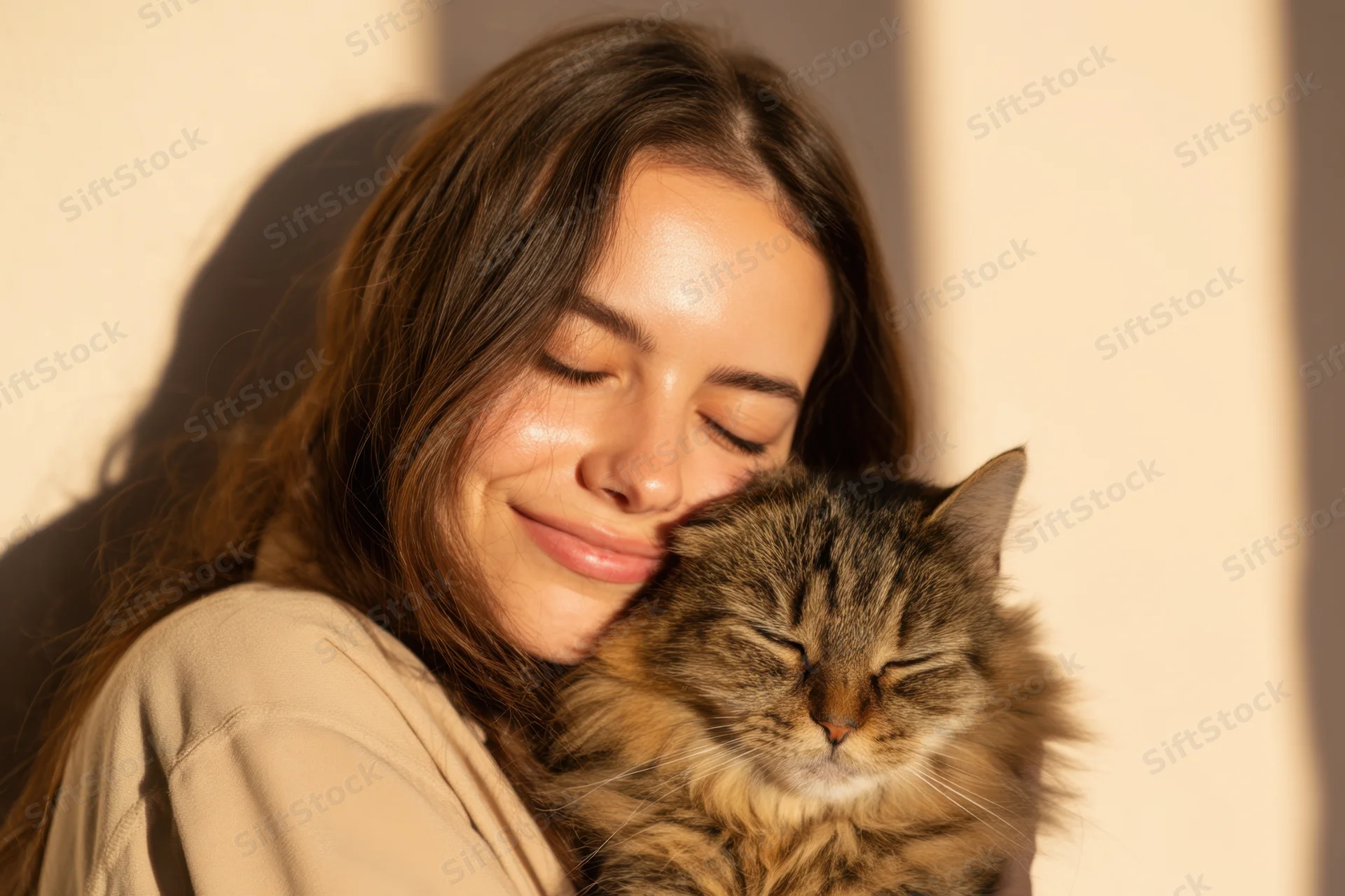 Woman embracing a tabby cat with closed eyes in a sunlit indoor setting