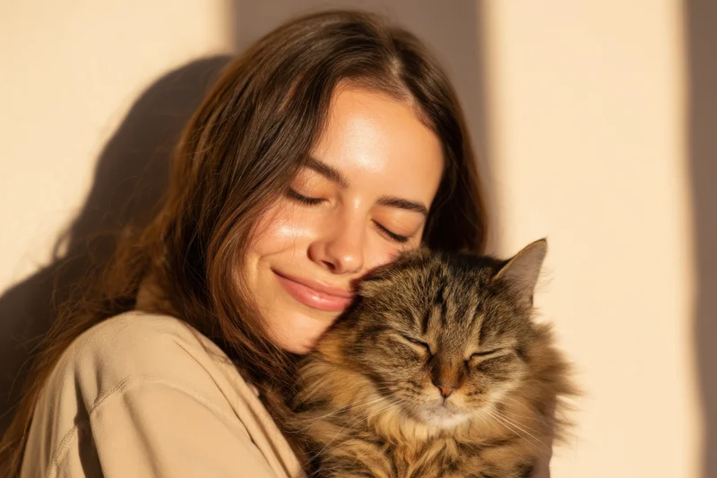 Woman embracing a tabby cat with closed eyes in a sunlit indoor setting