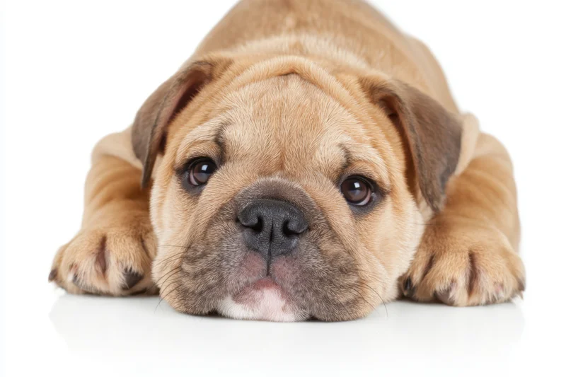 Fawn bulldog puppy lying on white studio background with head resting on paws, closeup portrait
