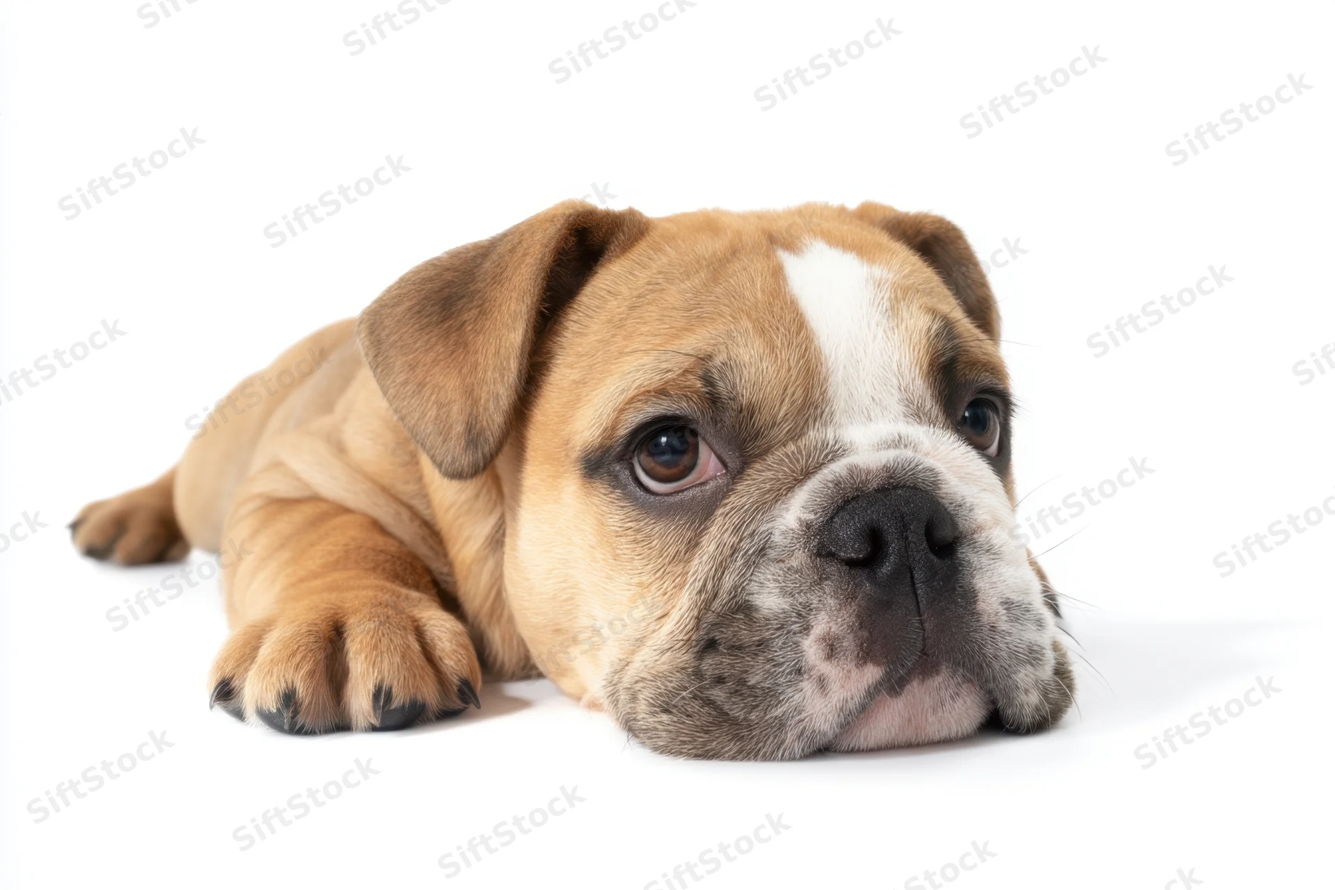 Fawn bulldog puppy lying on white studio background
