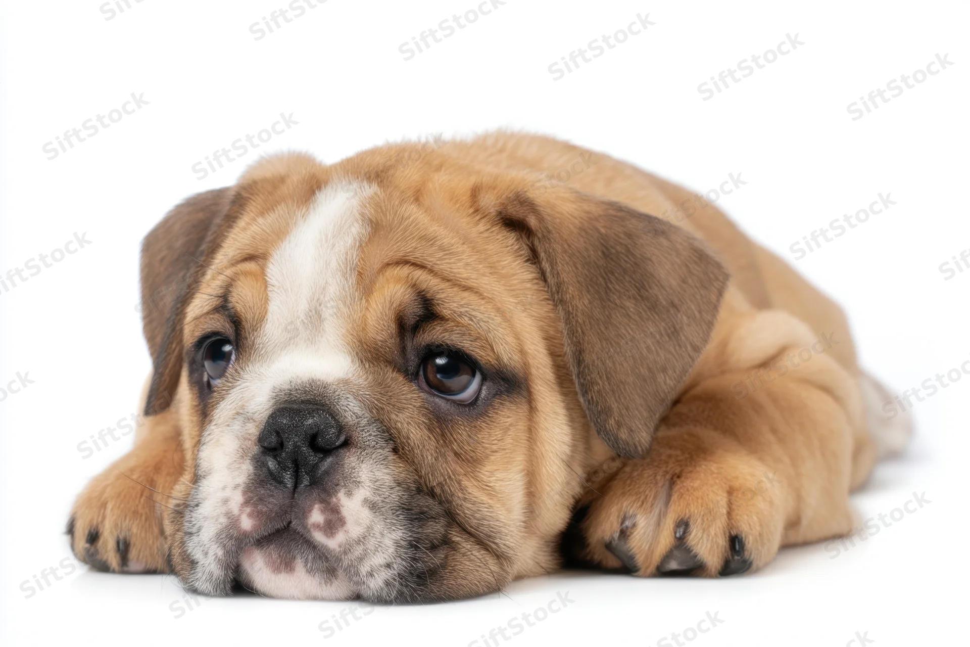 Fawn bulldog puppy lying on white studio background