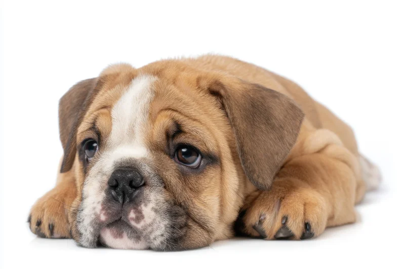 Fawn bulldog puppy lying on white studio background