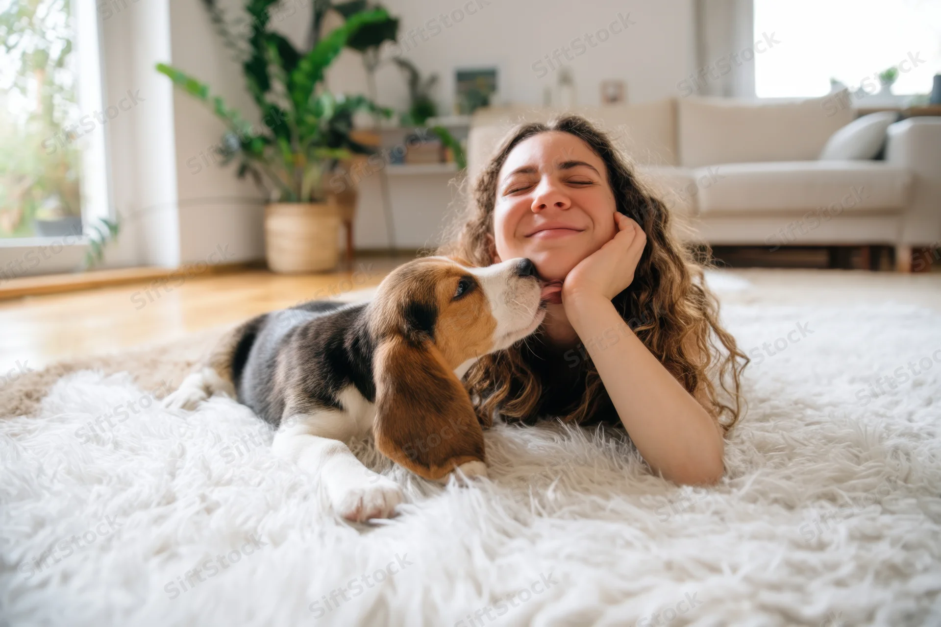 Woman lying on fluffy white rug with beagle puppy licking her face in living room