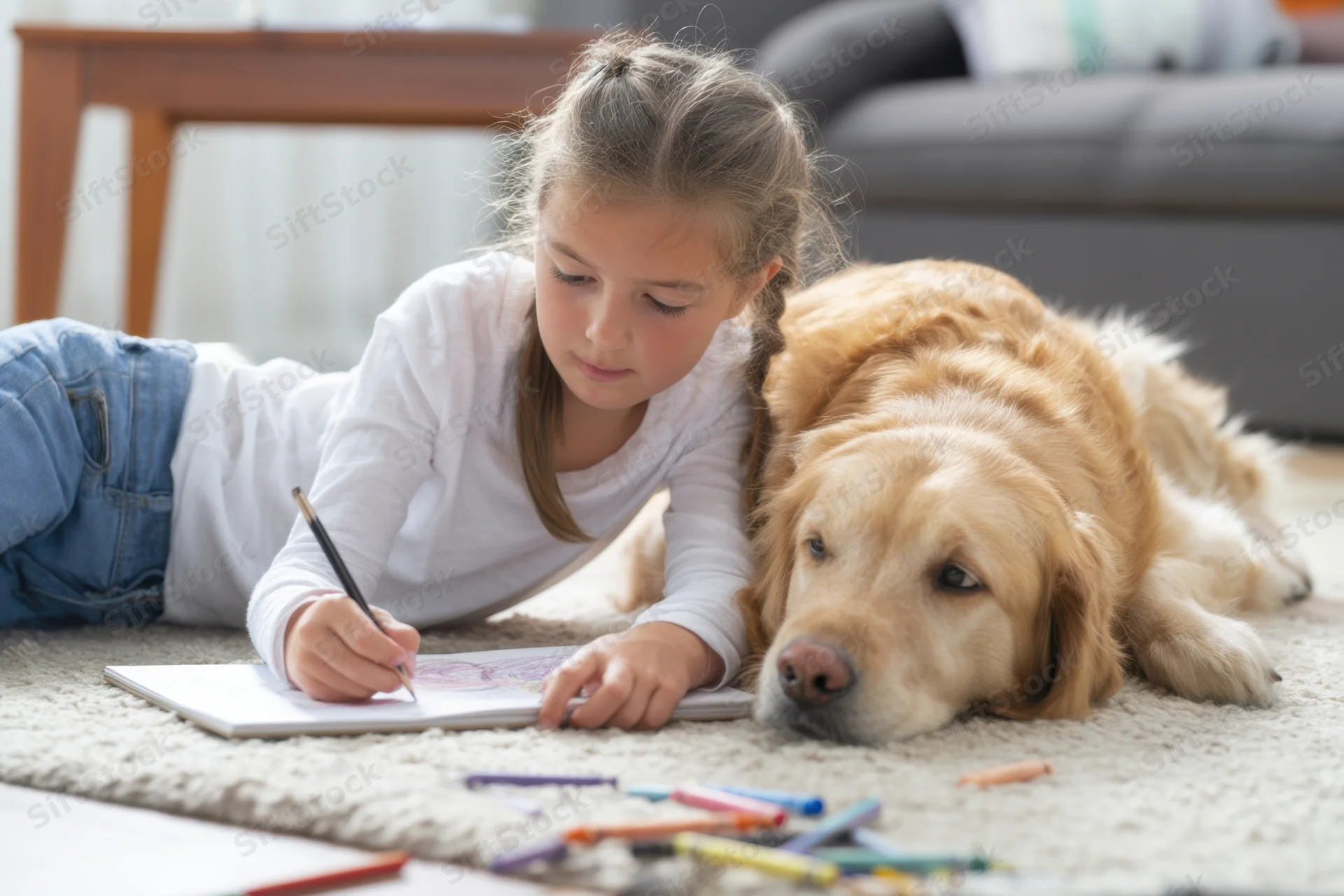 Young girl drawing with crayons on rug beside golden retriever dog in living room