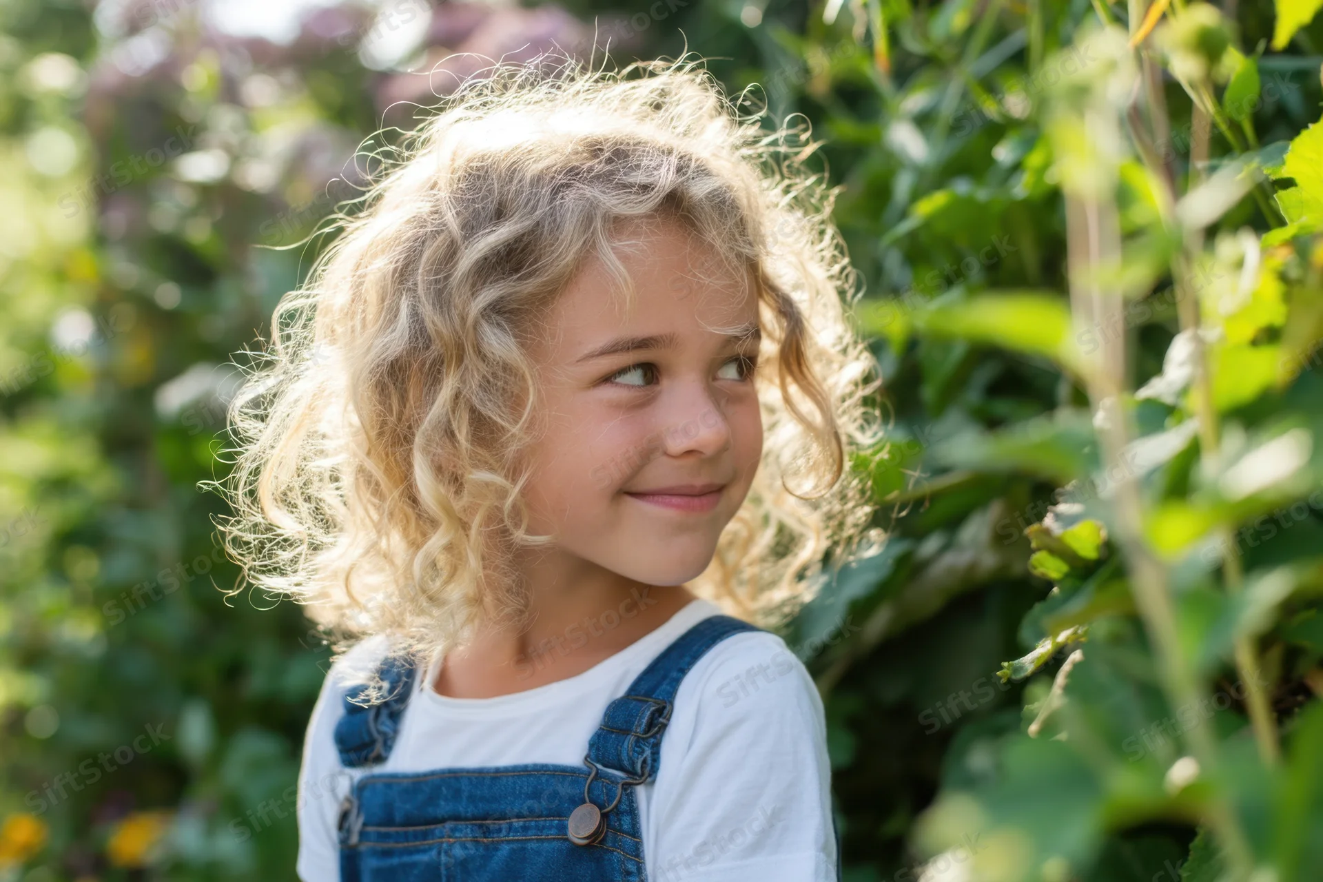 Young girl with curly blonde hair smiling in a garden surrounded by green plants