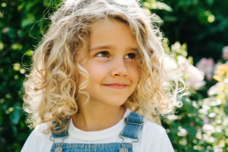 Young girl with curly blonde hair smiling outdoors in a garden