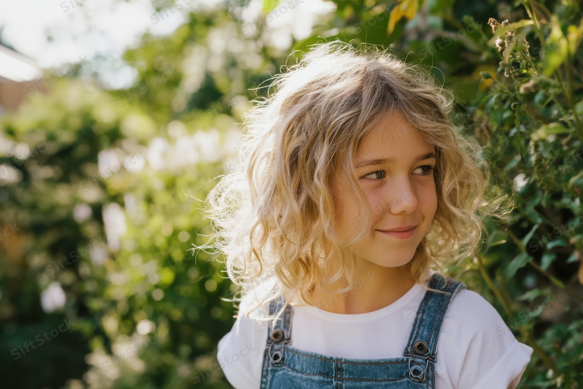 Young girl with curly blonde hair smiling in a sunlit garden wearing denim overalls over a white t-shirt