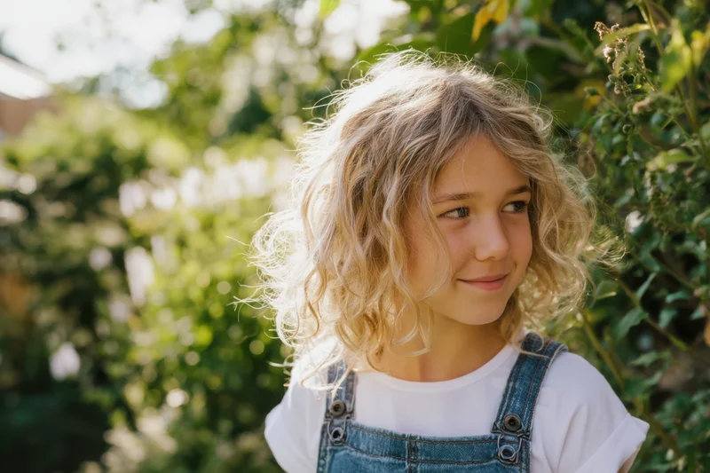 Young girl with curly blonde hair smiling in a sunlit garden wearing denim overalls over a white t-shirt