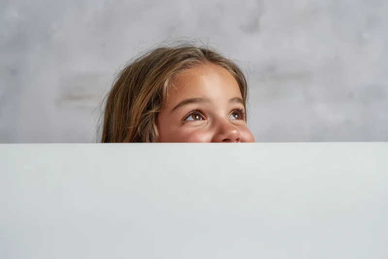 Young girl peeking over white surface with curious expression indoors