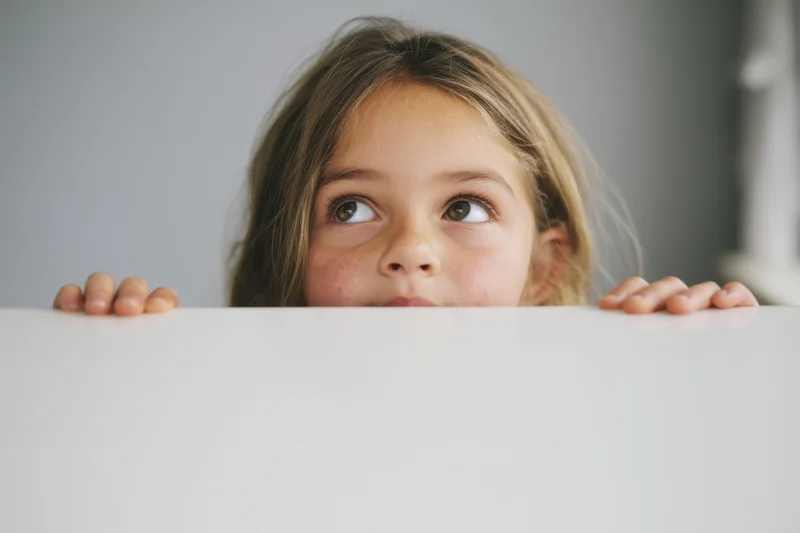 Young girl peeking over white table with curious expression indoors