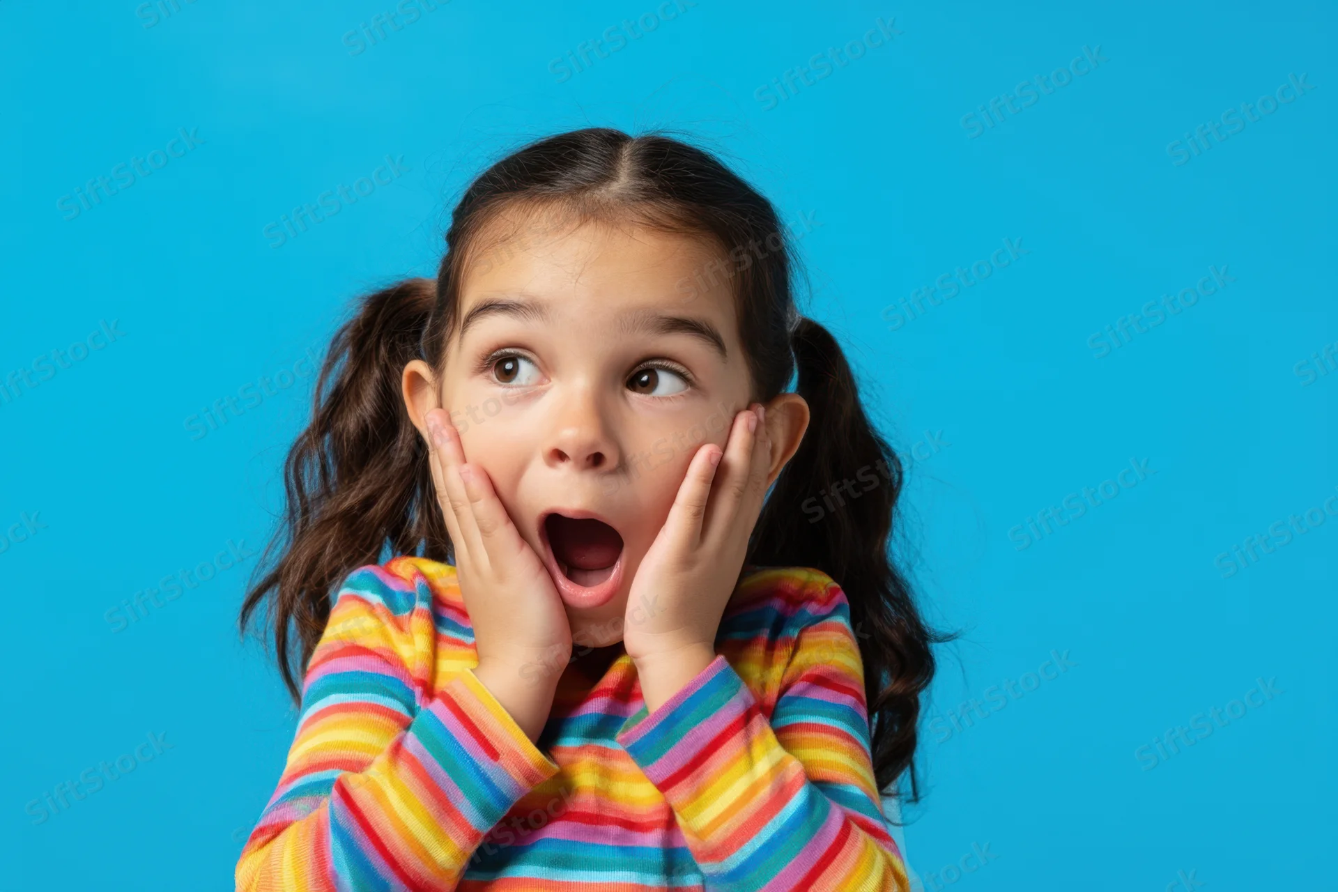 Young girl with pigtails in rainbow-striped shirt showing surprised expression against blue background