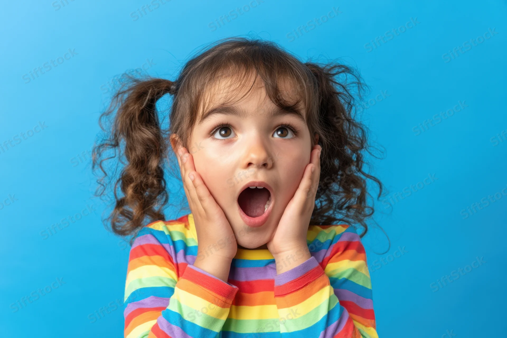 Young girl with pigtails in rainbow-striped shirt holding her face in surprise against blue background