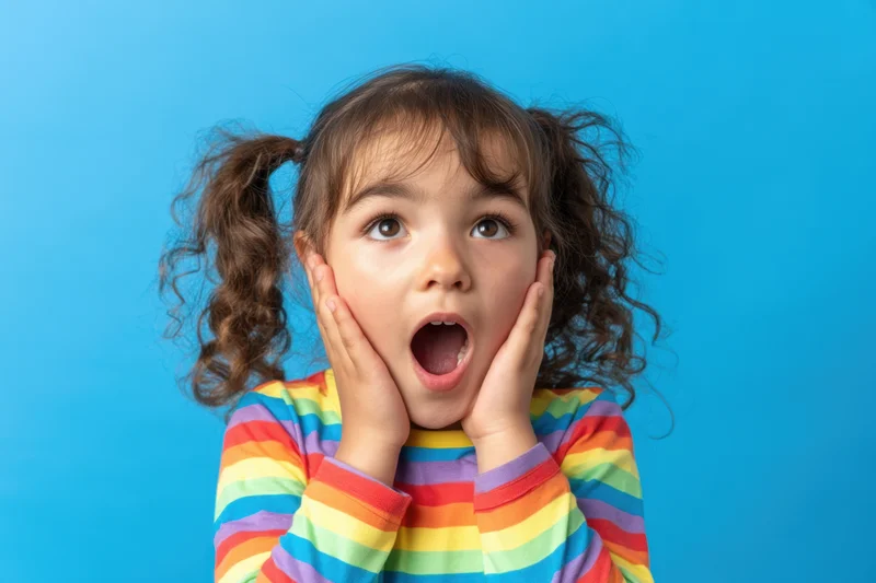 Young girl with pigtails in rainbow-striped shirt holding her face in surprise against blue background