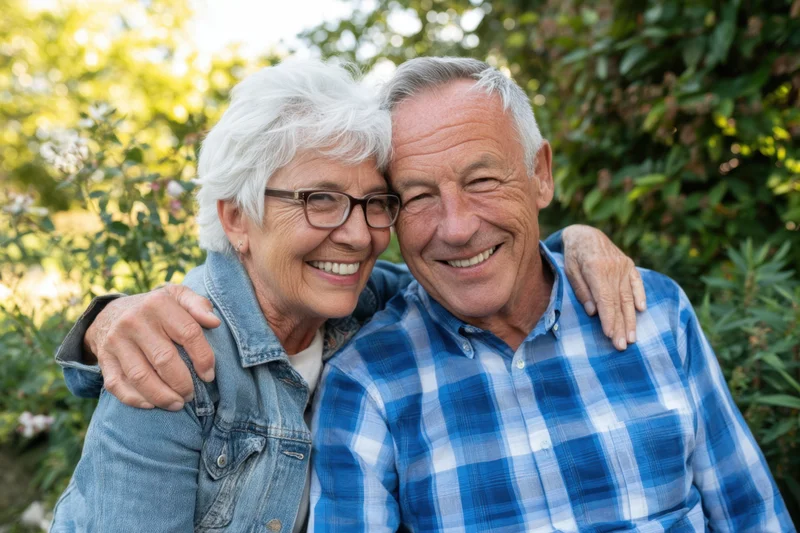 Elderly couple smiling and embracing outdoors in a garden on a sunny day