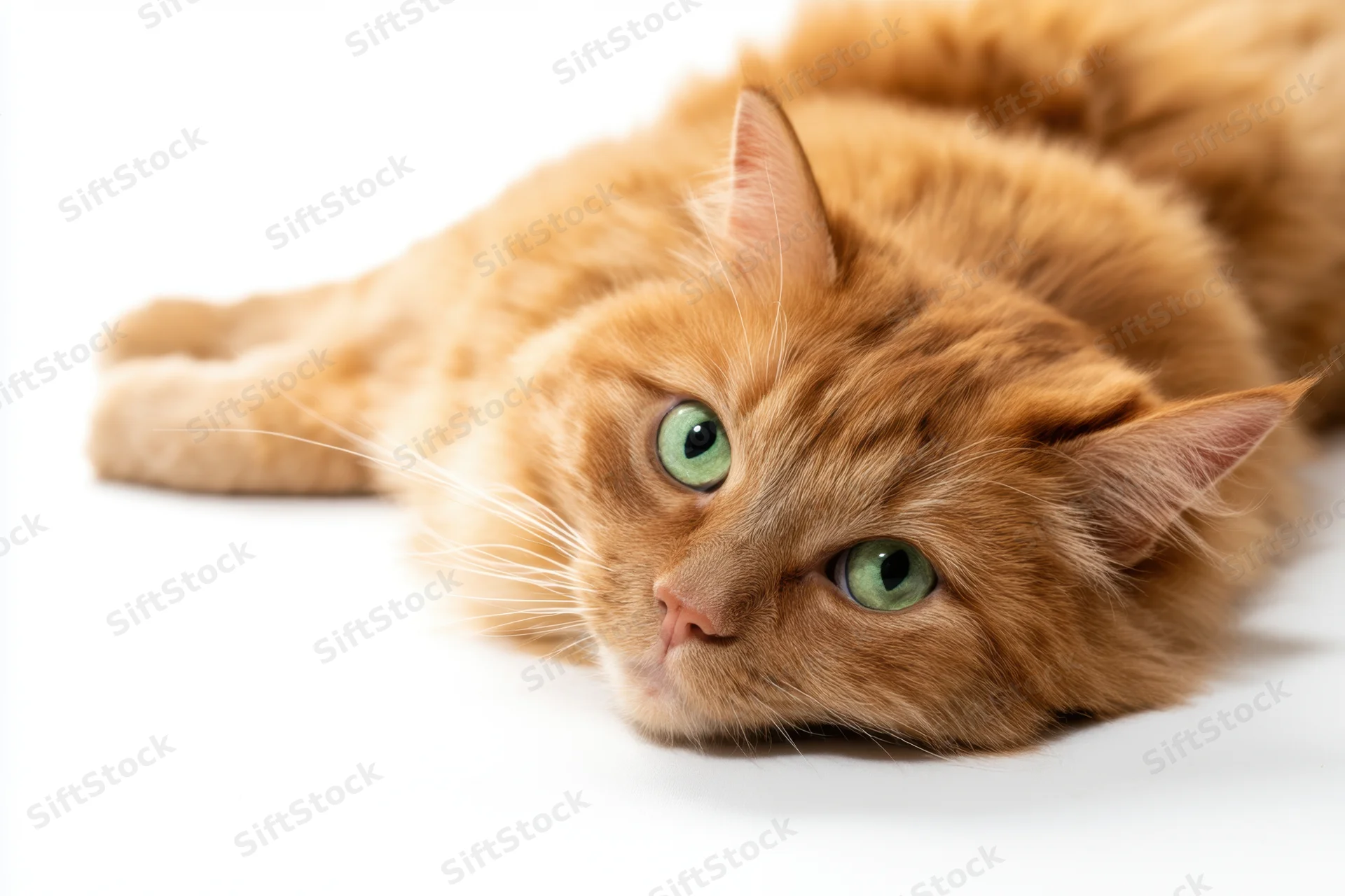 Orange tabby cat lying on its side on white background