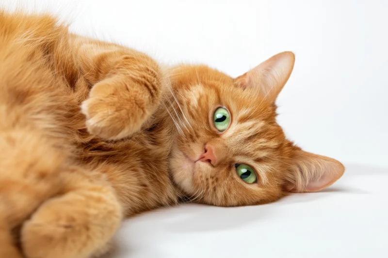 Orange tabby cat lying on its side on white background