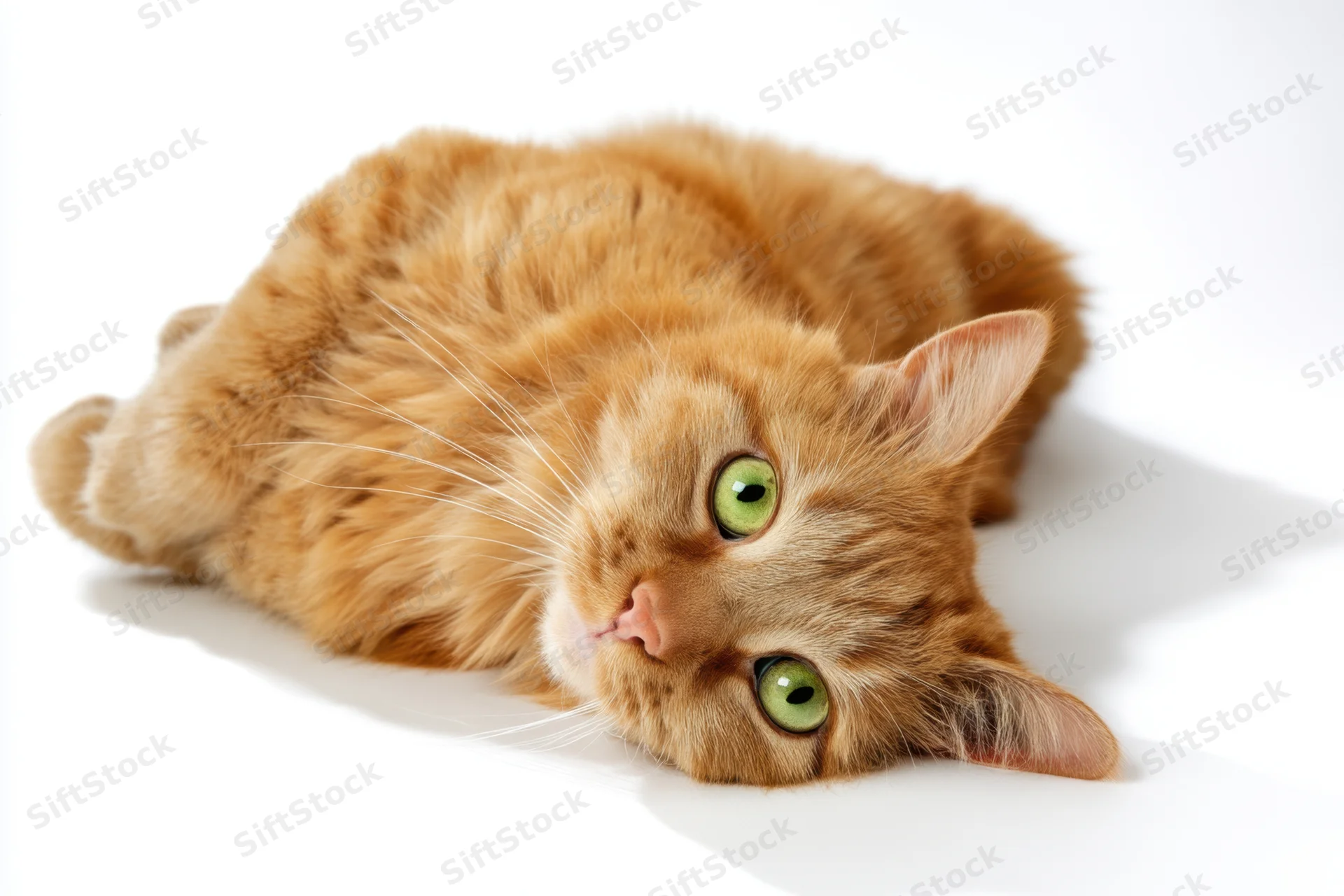 Orange tabby cat lying on its side on white background
