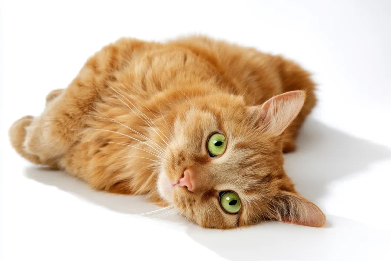 Orange tabby cat lying on its side on white background
