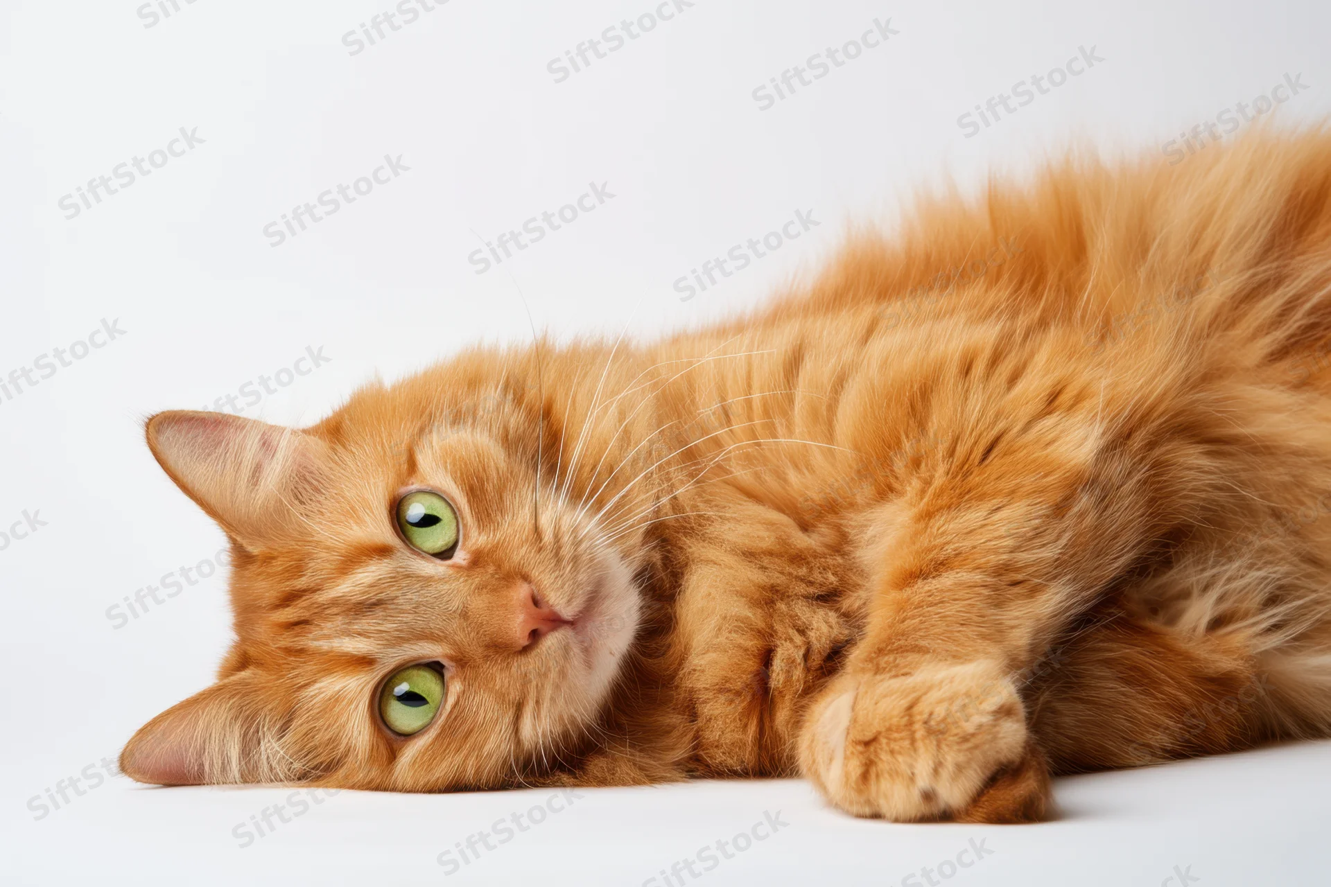 Orange tabby cat lying on its side on a white background