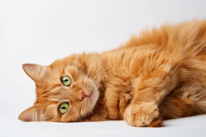 Orange tabby cat lying on its side on a white background
